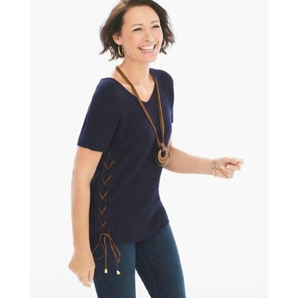 Chico’s Lizzy lace up sweater women’s size L navy blue chunky knit cotton wool - Picture 1 of 7